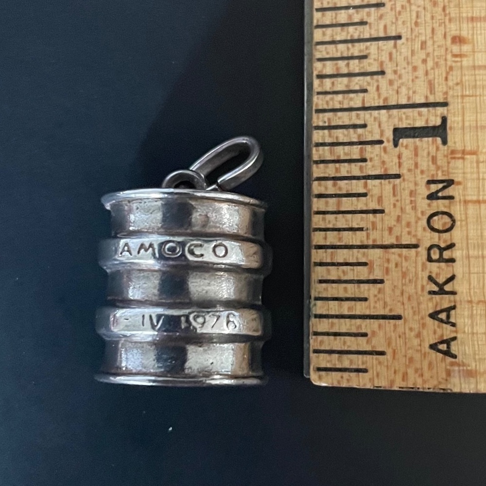 BP Amoco Oil Barrel Vintage 1976 Silver Pendant Charm